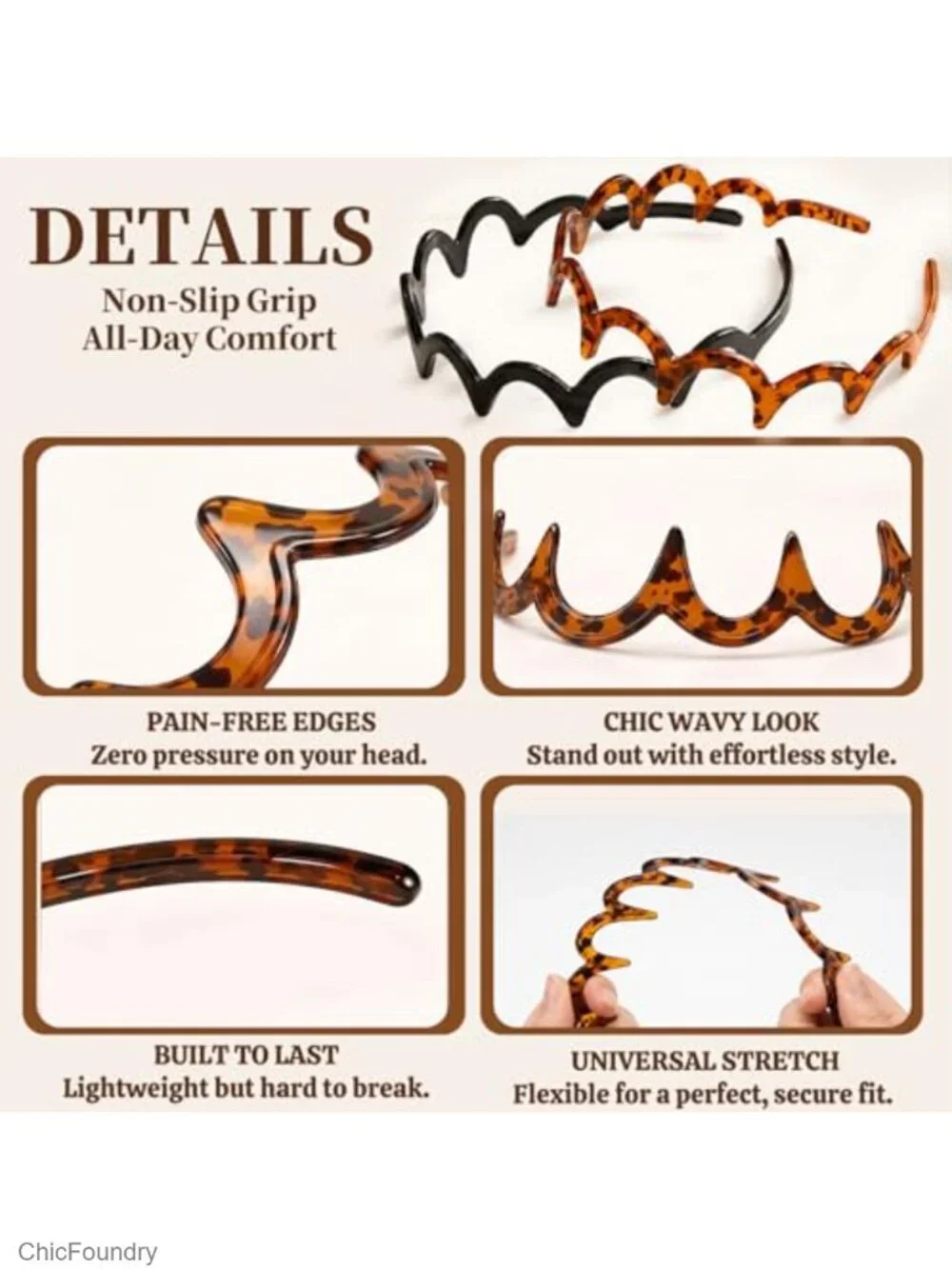 Non Slip Zig Zag Headbands for Women 2 Pack Wavy Plastic Hair Bands